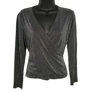 Vintage Patricia Jones Faux Wrap Top‎ Womens Large Silver Sparkle Glam Event NYE